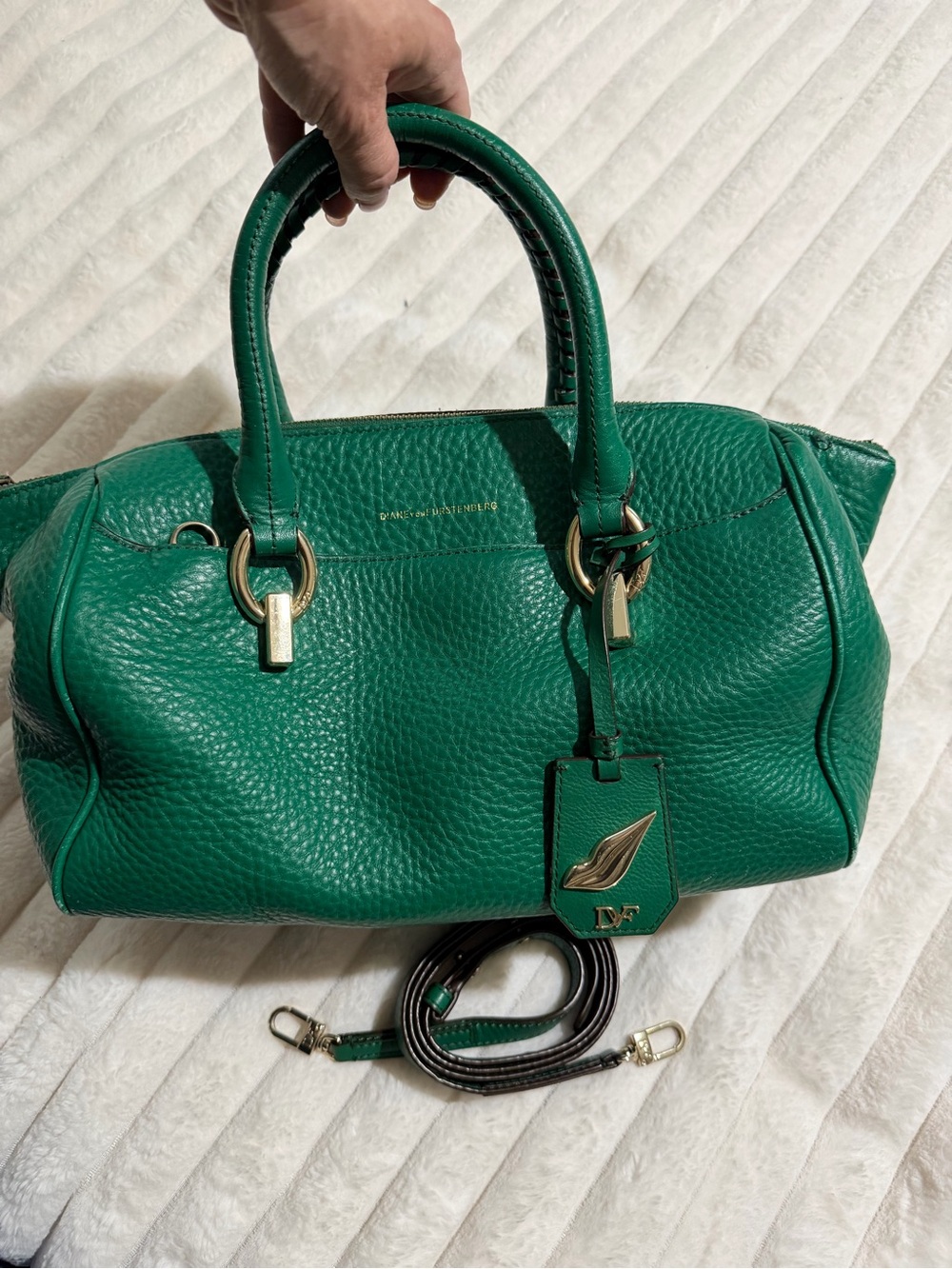 Diane Von Furstenberg Green  Leather Satchel Handbag with Detachable Strap 16x10